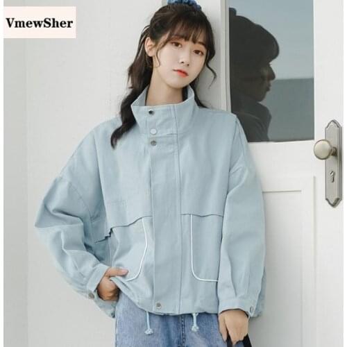 VmewSher Spring Autumn Women Short Cargo Jacket Casual Sweet Stand Collar Long Sleeve Loose Coat Fashion Pockets Outwear 2020