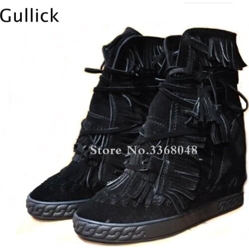 Height Increasing Wedges Fringed Ankle Boots For Woman Round Toe Black Lace Up Concise Botas High Heels Shoe Multi Choices