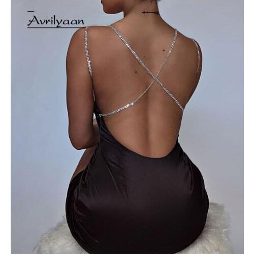 Avrilyaan Black Backless Robes Sexy Dress For Women Night Club Summer Dress Vestidos Metal Chain Mini Bodycon Party Dresses 2020