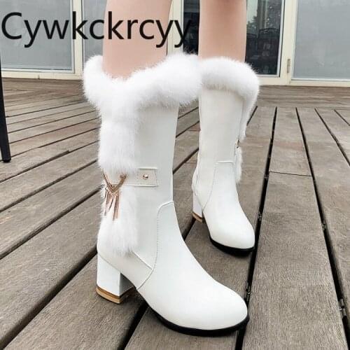 Winter The New Rabbit hair fashion Round head Thick heel Womens boots black white Plus velvet Keep warm High heel Women boots