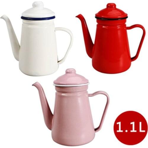 1.1LThickened Enamel Thin Mouth Pots Drip Coffee Pot Gooseneck Spout Long Mouth Coffee Kettle Home Tea Tool bule esmaltado