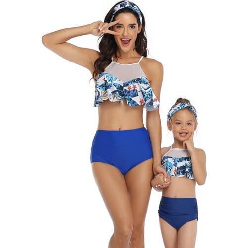 2021 Kid Girl Swimming Clothes Triangle String Baiting Suit Flounce Parent Child Bikini Covered Body Mom and Daughter Swimsuit M