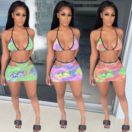 2021 Summer Clothing Skirt 3-piece Sets Printed Halter Bikini Women Swimsuit Set Bathing Suit Swimwear Beachwear Wholesale Items