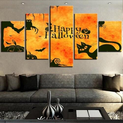 5 Pieces Halloween Canvas Cartoon Painting Festival Posters Cat Pictures for Home Room Decor Modern Framework Modular Wallpapers