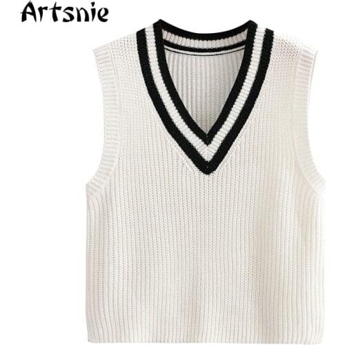 Artsnie Autumn 2021 V Neck Sweater Vest Women White Casual Sleeveless Pull Femme Streetwear Striped Vintage Ladies Sweater Vest