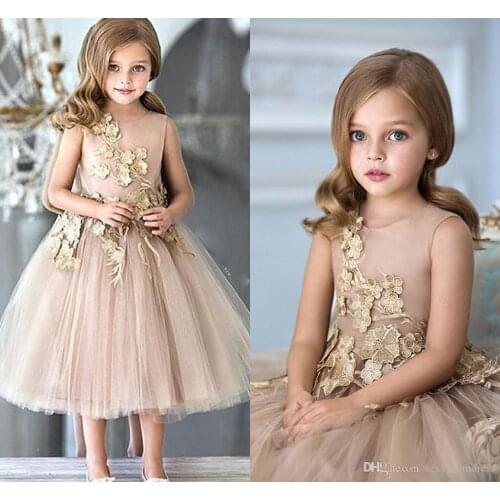 Flower Girls Dresses For Weddings Champagne Tulle Appliques Tea Length A Line Girls Pageant Gowns Zipper Back Customized Kids Pa
