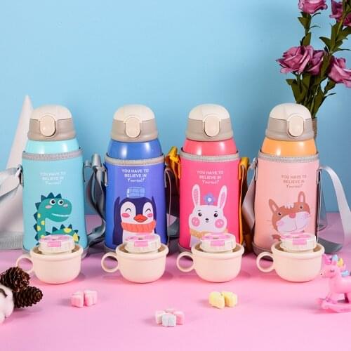 Bpa-Free 600ml Babys Drink Cups 316 Stainless steel Straw Thermos Cup Portable Rope Bag Vacuum Flask Cartoon Water Bottle
