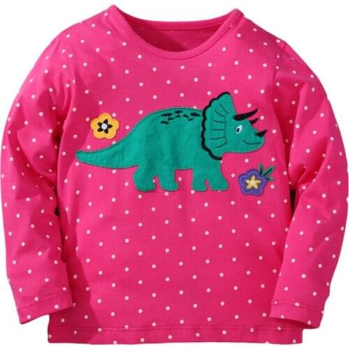 Jumping Meters Girls T-shirt Autumn Cartoon Cute Flowers Dinosaur Embroidery Casual Crew Neck for Long Sleeve Top Red Clothes