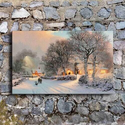 Canvas Painting Wall Art 1 Piece Comfortable Vintage Winter Village Snow Scene Pictures For Living Room Prints Poster Home Decor