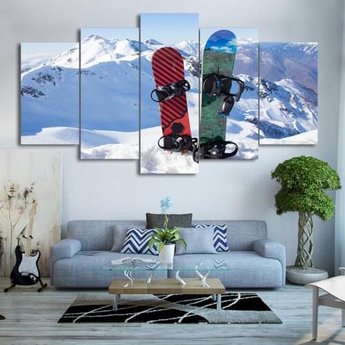 Painting Poster HD Printed 5 PiecesPcs Sunrise Ice Mountain Skiing Canvas Snowboard Home Decor Wall Art Modular Picture