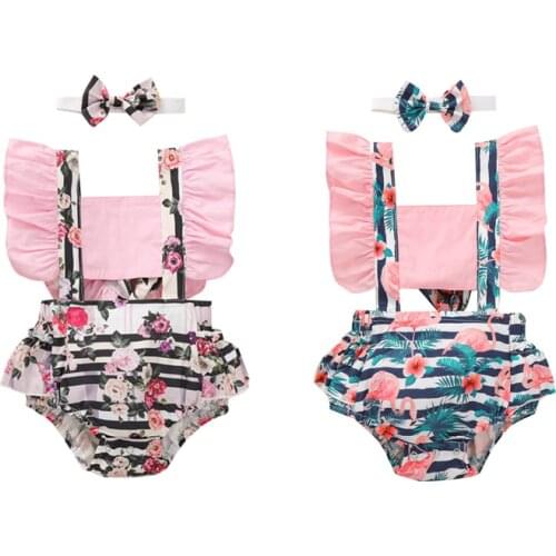 0-24M Cute Newborn Baby Girl Rompers Flowers Striped Print Ruffles Short Sleeve Backless Jumpsuits Headband