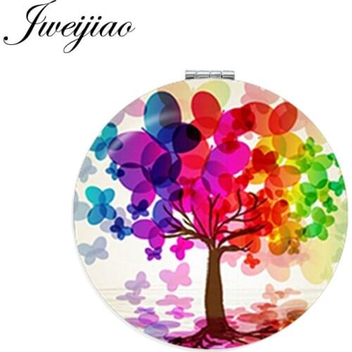 Youhaken Colorful Panting Tree Round Makeup Mirror Mini Folding Compact Pocket Mirror 1X/2X Magnifying For Gilrs Beauty Health