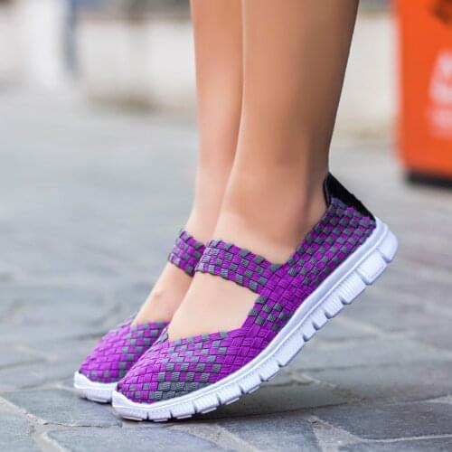 Summer Women Breathable Walking Running Sport Women Woven Shoes Anti Slip Handmade Weave Light Flats Mother Shoe Big Size
