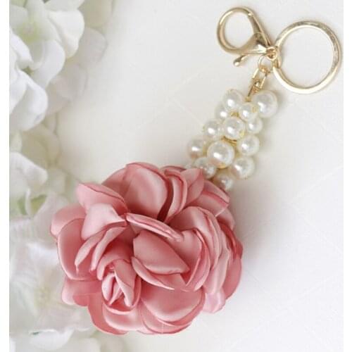 New Rose Shape Cloth Flower Ball Keychain Key Ring for Women Bag Pearl Car Pendant Jewelry Gifts Trinket Key Chain EH400