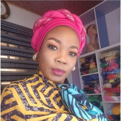 2021 New Braids Turban Hat for Ladies Glitter Sequins Auto Geles ready African Headtie Party Wedding Headwear Muslim Headscarf