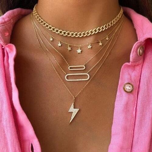 Lightning Necklace Five Layer Necklace for Women Star Cube Irregular Geometric Pendant Necklace Aesthetic Goth Jewelry Chain