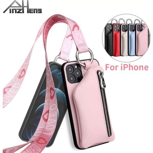 PINZHENG Lanyard Coin Purse Leather Phone Case For iPhone X XS 11 12 Pro Max 6 6s 7 8 Plus Mobile Phone Protective Back Cover
