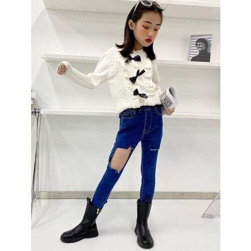 Girls Ripped Jeans 2021 Spring New Big Childrens All-match Self-cultivation Stretch Feet Pants Nine-point Pants Kids Clothes