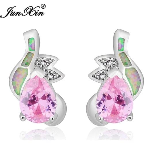 Pink Zircon Stone Stud Earrings Silver Color Filled Opal Fashion Jewelry Earring pendientes largos HOT Selling Ear0544-01