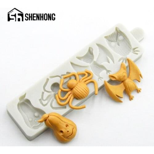 SHENHONG Halloween Chocolate Candy Pumpkin Pie Bat Owl Sugar Craft Silicone Fondant Cake Mold Spider Biscuits Decorating Mould