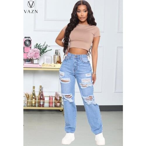 VAZN 2021 Spring Plus Size High-end Solid Upsurge Hole Hollow Out Sexy Young Daily Fashion Long Denim Straight Pants