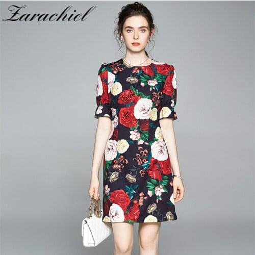 High Quality S-XXL Fashion Sequined Beading Floral Runway Dress Women Puff Sleeve Peony Flower Print Female Summer Party Dress