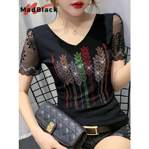 Summer Korean Style T-shirt Fashion Sexy Shiny Diamonds Shirt Patchwork Lace Women Tops Ropa Mujer All Match Tees 2020 T08412L