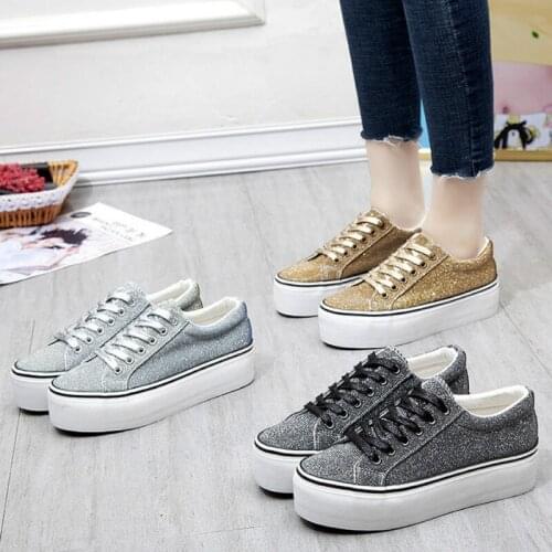 Women Sneakers Canvas Shoes Female New Fashion Sequins Lace Up Women casual shoes flat Increase Shoes X15-76