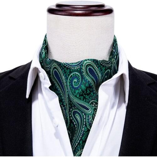 Green Paisley Ascot Tie For Men Silk Scarf Tie Suit Mens Black Necktie Jacquard Set Pocket Square Cufflinks Barry.Wang AS-006