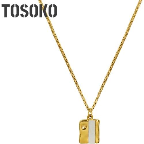 TOSOKO Stainless Steel Jewelry White Sea Shell Square Pendant Necklace Women Simple Elegant Chain BSP1094