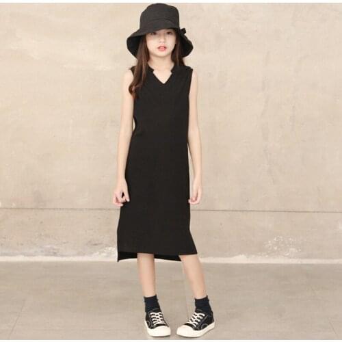 2020 Summer Casual V-neck Girls Dress Kids Slit Elasticity Dresses Baby Girls Sleeveless Dress Children Straight Dresses, #8617