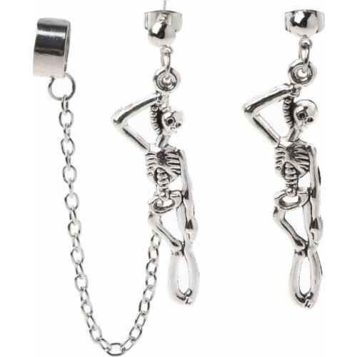 Asymmetric Skull Bone Dangle Ear Cuff Chain Earrings Clip-on Fashion Jewelry