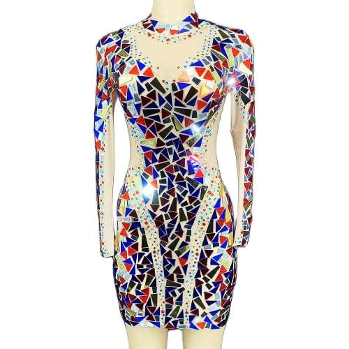Shining Rhinestones Decoration Mirror Sequins Mesh Gauze Mini Dress Theatrical Costume Women Party Evening Costume Dance Wear