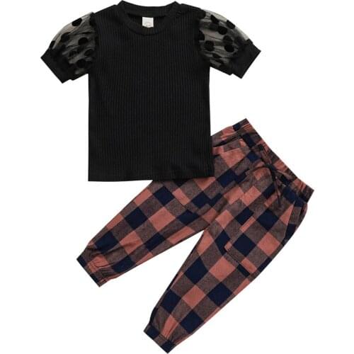 2021 0-4Y Fashion Baby Girl Clothing Dot Mesh BlacK Short Sleeve Round Neck Shirt+Plaid Loose Jogger Trousers 2pcs Outfits Set