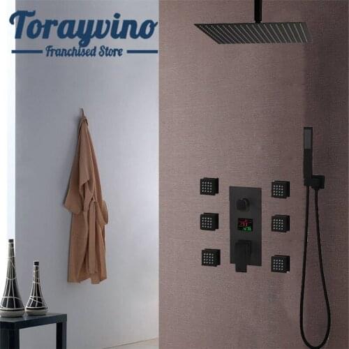 Torayvino bath shower set 3 way faucet Black tap Rainfall Shower Head with Massage Jets Spray Digital Temp Display Mixer taps