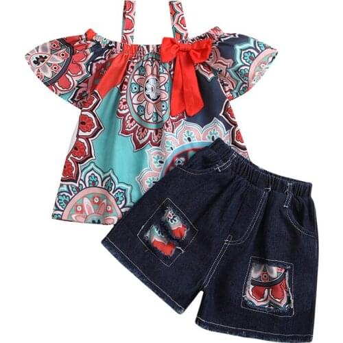 Kid Girls Short sleeve Tops Shorts T-shirt Ripped Denim Short 2pcs Child Girl Set