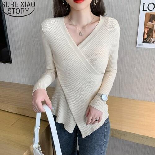Elegant Long Sleeve Tops Knitted Sweater 2021 New Autumn Women Fashion Cross V-neck Sweaters Slim Bottoming Sweaters 16265