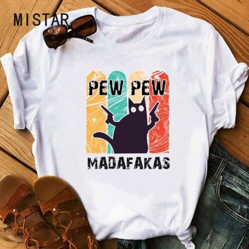 Vintage Funny Cat Pew Pew Madafakas animal print t-shirt women graphic tshirts harajuku kawaii clothes t shirt female
