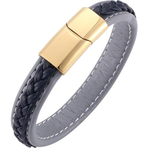 Fashion Men Accessories Gray Blue Leather Hand Bracelet Gold Stainless Steel Magnetic Clasp Punk Male Leather Wristband SP0213