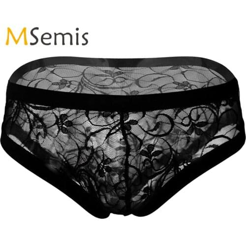 Mens Lingerie Underwear See-through Mesh Underpants Floral Lace Briefs Low Waist Elasitc Waistband Panties