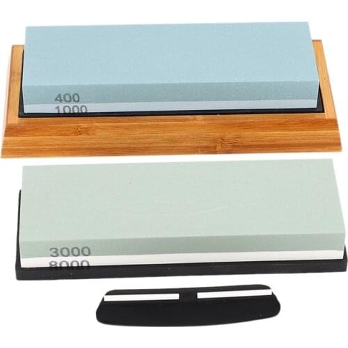Sharpening Stone Set, Whetstone 2-IN-1 400/1000 3000/8000 Grit, Waterstone Wooden Holder and Knife Guide Included