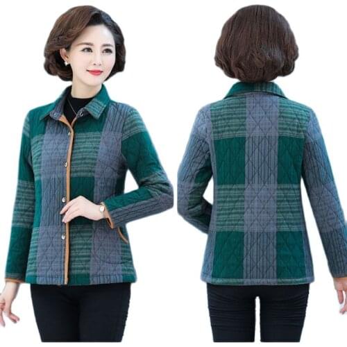 New 2021 Middle-Aged Elderly Mothers Cotton Jacket Autumn Winter Light Thin Cotton Fashion Plaid Printing Women Coat Blouse