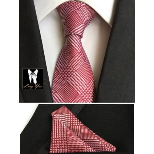 New Design 8cm Men Woven Ties Set with Handkerchief Stylish Red Plaids Gravata Sets