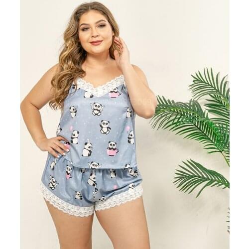2pcs Sexy Spaghetti Strap Pajamas Sets for Women Cartoon Panda Print Sleepwear Female Plus Size Loose Casual Homewear Nightwear