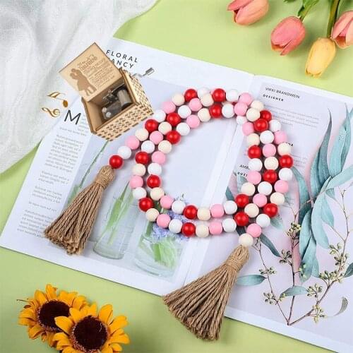 Hot 2PCS Pink Wood Beads Garland with Tassels Farmhouse Rustic Wood Beads Garland Valentines Day Wall Hanging Decor 33 Inch