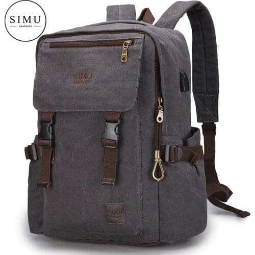Simu backpack mens canvas bag leisure travel bag outdoor travel bar computer bag USB charging