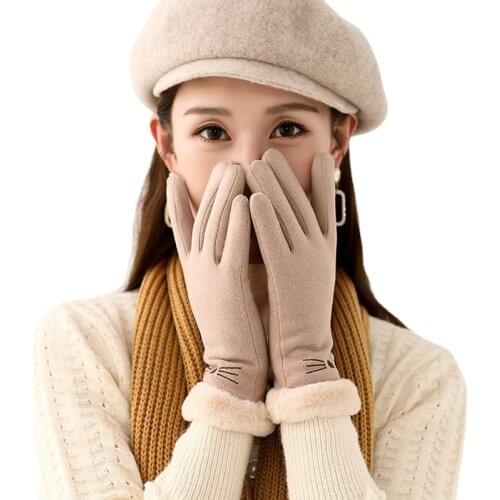 Sparsil Women Touch Screen Suede Glove Winter Double Layer Furry Mittens Warm Snowflake Embroidery Outdoor Fashionable Gloves