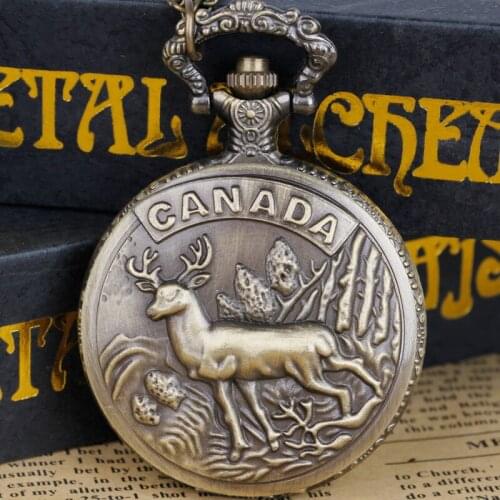 Steampunk Canada Deer Pattern Quartz Pocket Watch men Necklace Animal Souvenir Gifts for Men Women