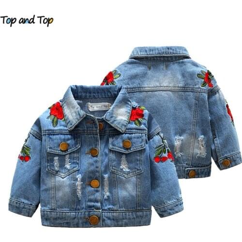 Top and top autumn baby girls denim jacket coat kids rose embroidery jacket overcoat fashion outerwear children girls clothes