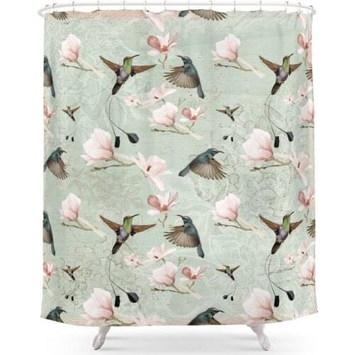 Vintage Watercolor Hummingbird And Magnolia Flowers On Mint Background Shower CurtainSet For Bathroom With Floor Mat
